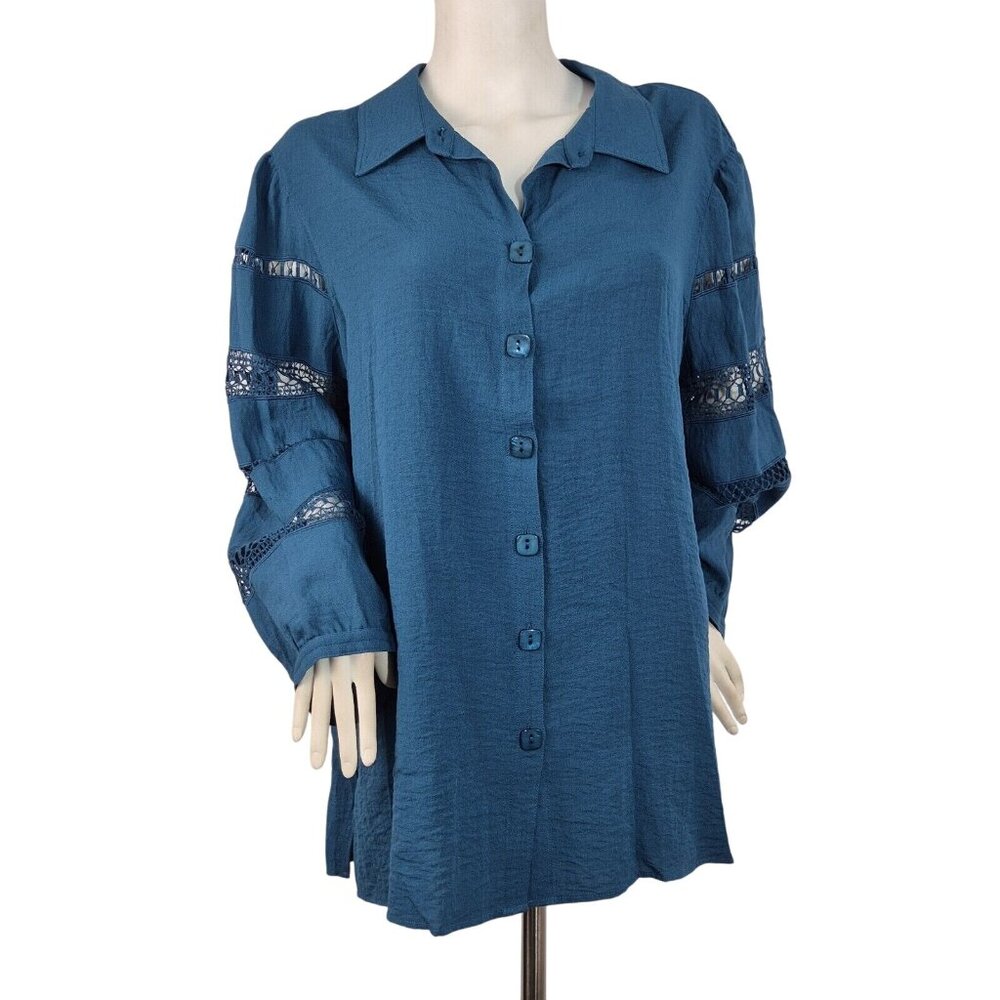 John Mark Tunic Top Women's Plus Size 2X Teal Lace  Relaxed Fit Blue (53)